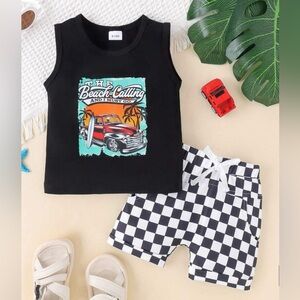 Car tank top and checkered shorts